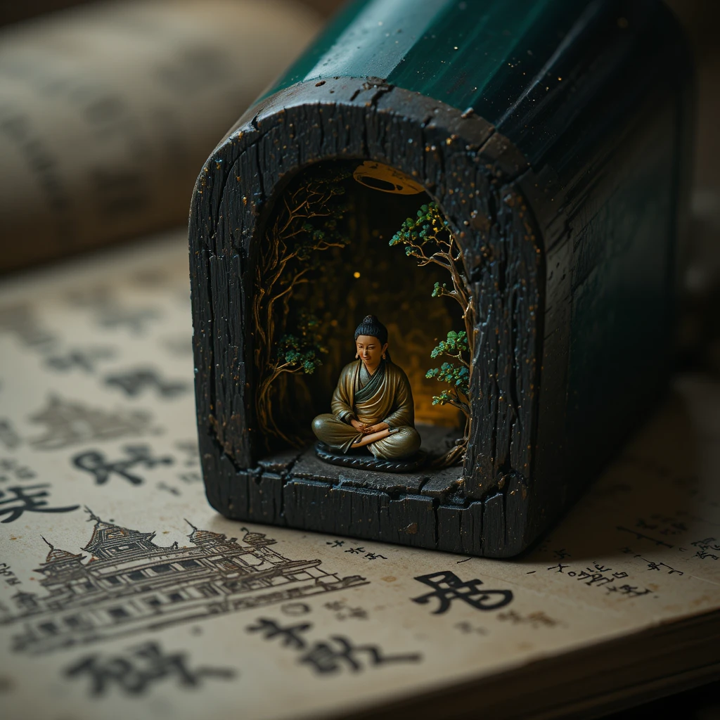Mulher em miniatura meditando dentro de um lápis verde esculpido