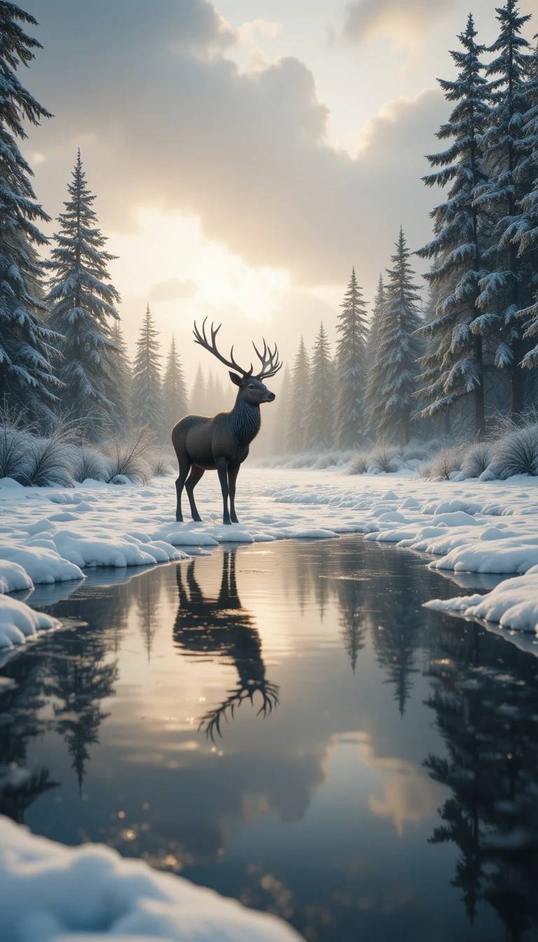 Cervo majestoso em uma clareira nevada da floresta ao anoitecer