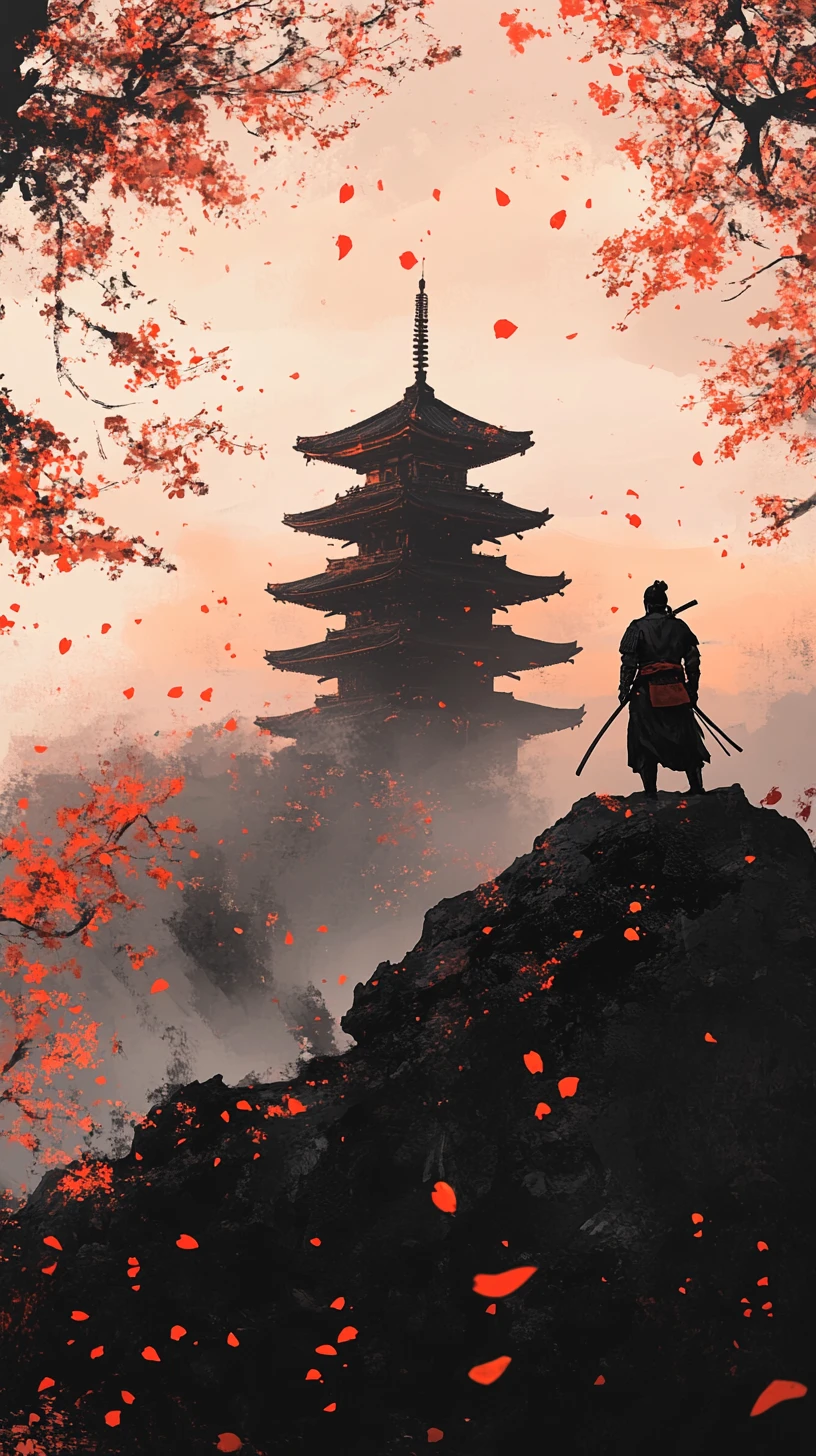 Samurai solitário sobre pagode ao anoitecer com pétalas caindo