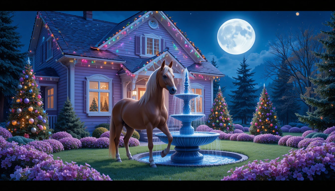 Dolce cavallo marrone in un accogliente giardino anteriore di notte
