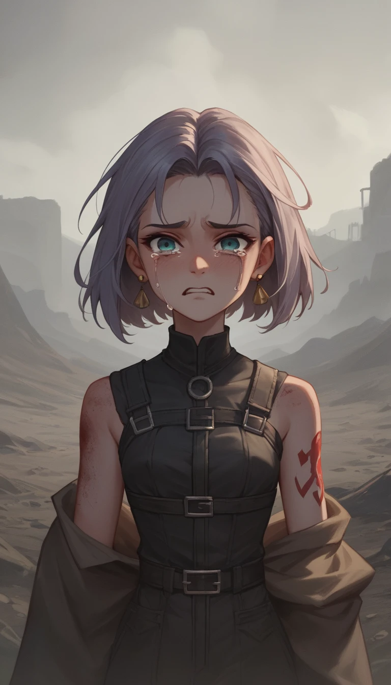 Garota chorando sozinha em um deserto árido ao pôr do sol