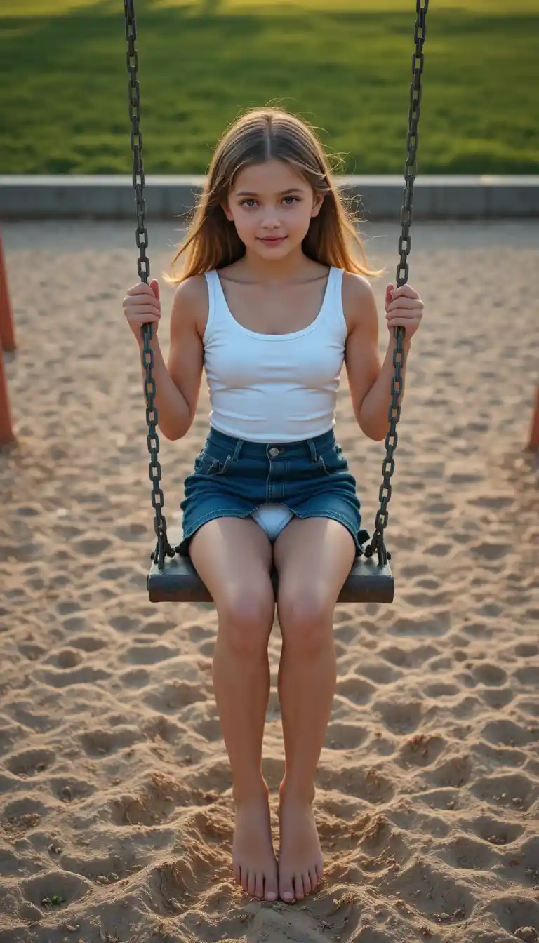 Young girl sitting on a playground swing at sunset