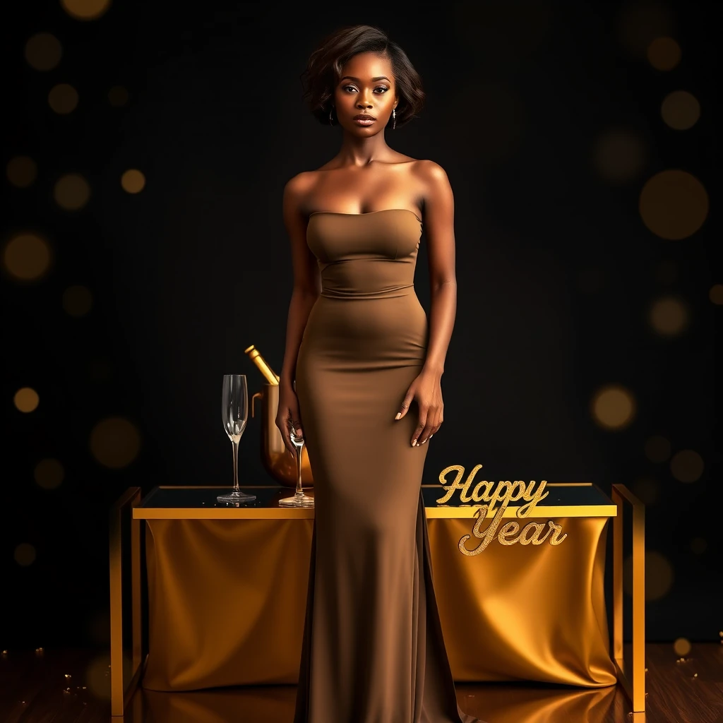 Elegant woman in gold gown with new year champagne