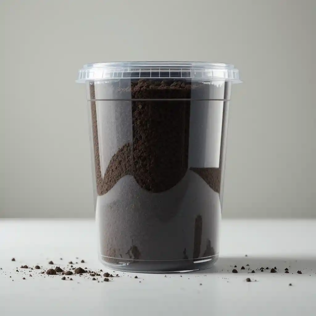 半杯深色濕潤土壤的透明塑膠盆