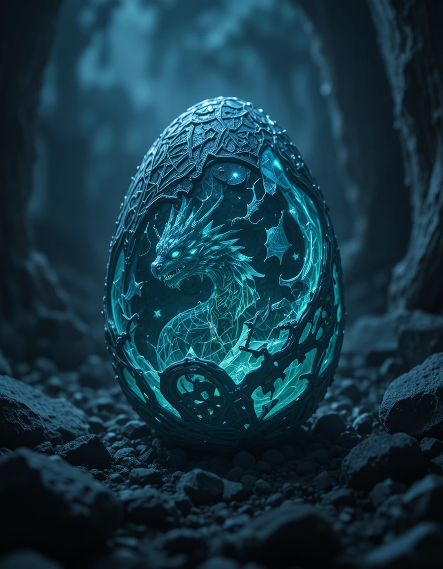Uovo di Drago Luminoso in un Ambiente Oscuro e Misterioso