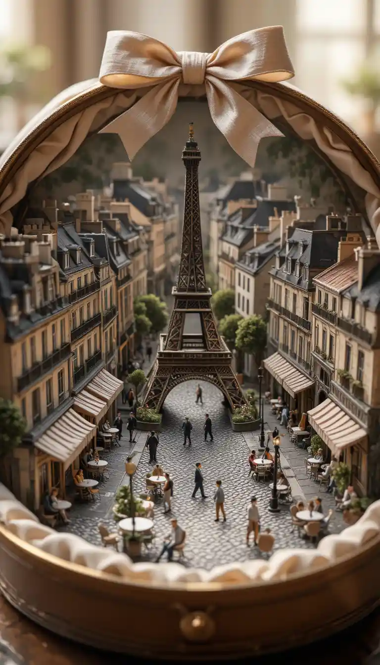 Miniature Paris Diorama Inside A Vintage Silk Lined Hatbox