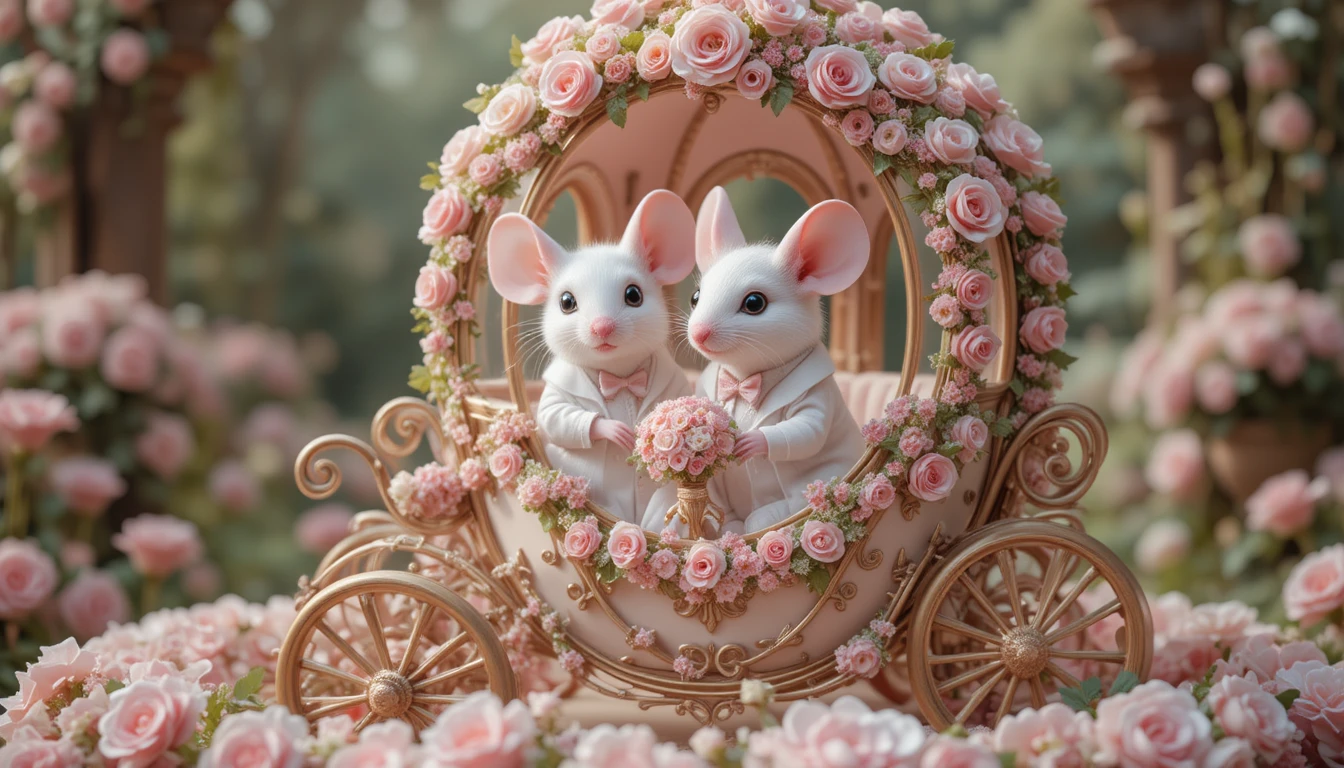 Noivos ratinhos brancos em uma carruagem de casamento florida