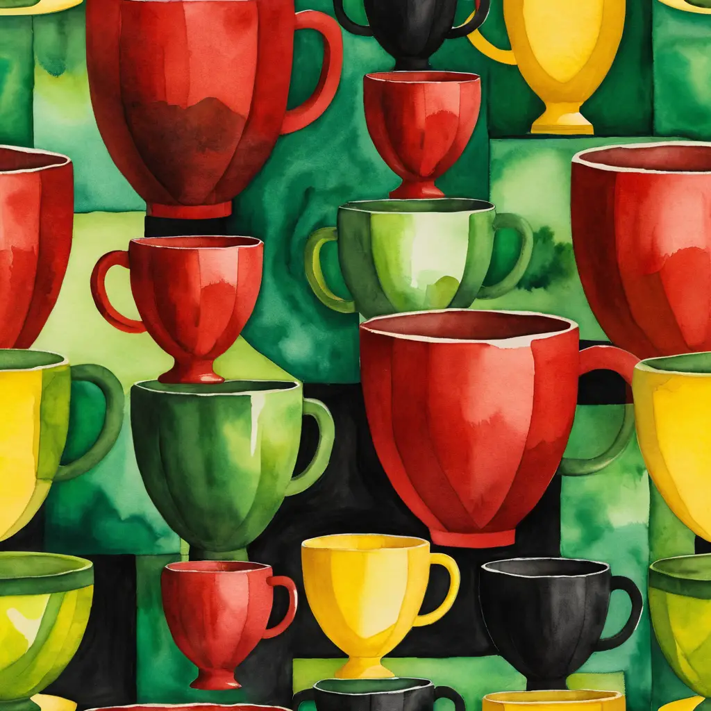 Coppa dell’unità cubista con colori audaci rosso, nero, verde e giallo