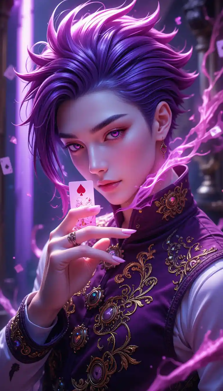 Homem de anime de cabelo magenta com cartas e energia brilhante