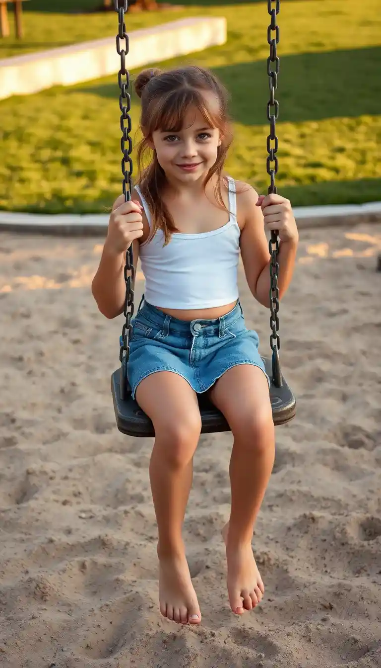 Young girl sitting on a swing in a quiet playground