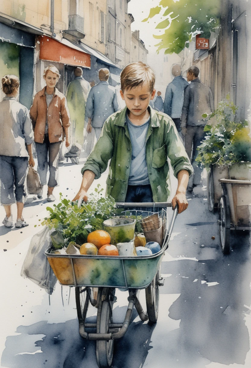 Scène de rue aquarelle avec enfant poussant un lourd chariot