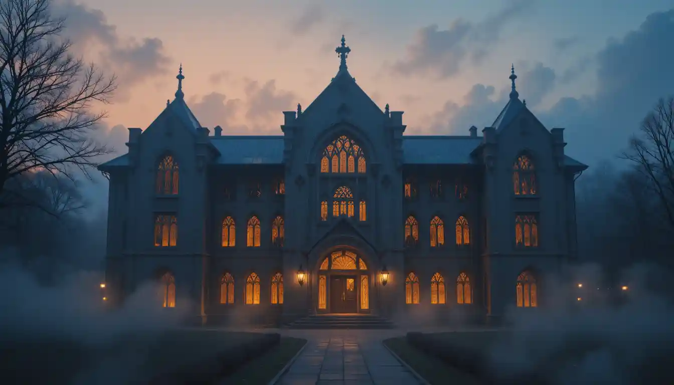 Edificio scolastico mistico che brilla nella nebbia di un crepuscolo da sogno