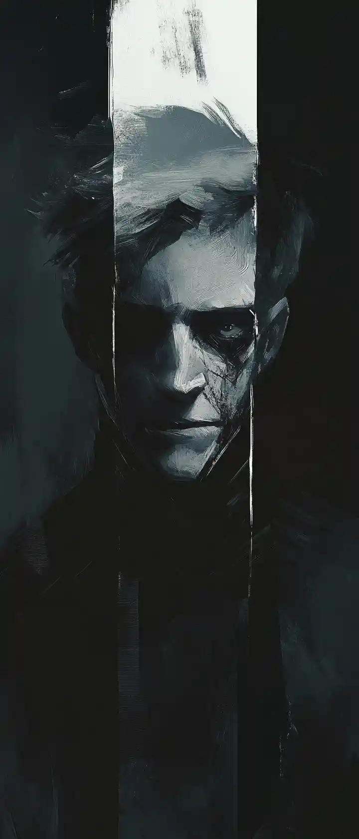 Retrato distorcido de homem em anime com olhar direto e intenso