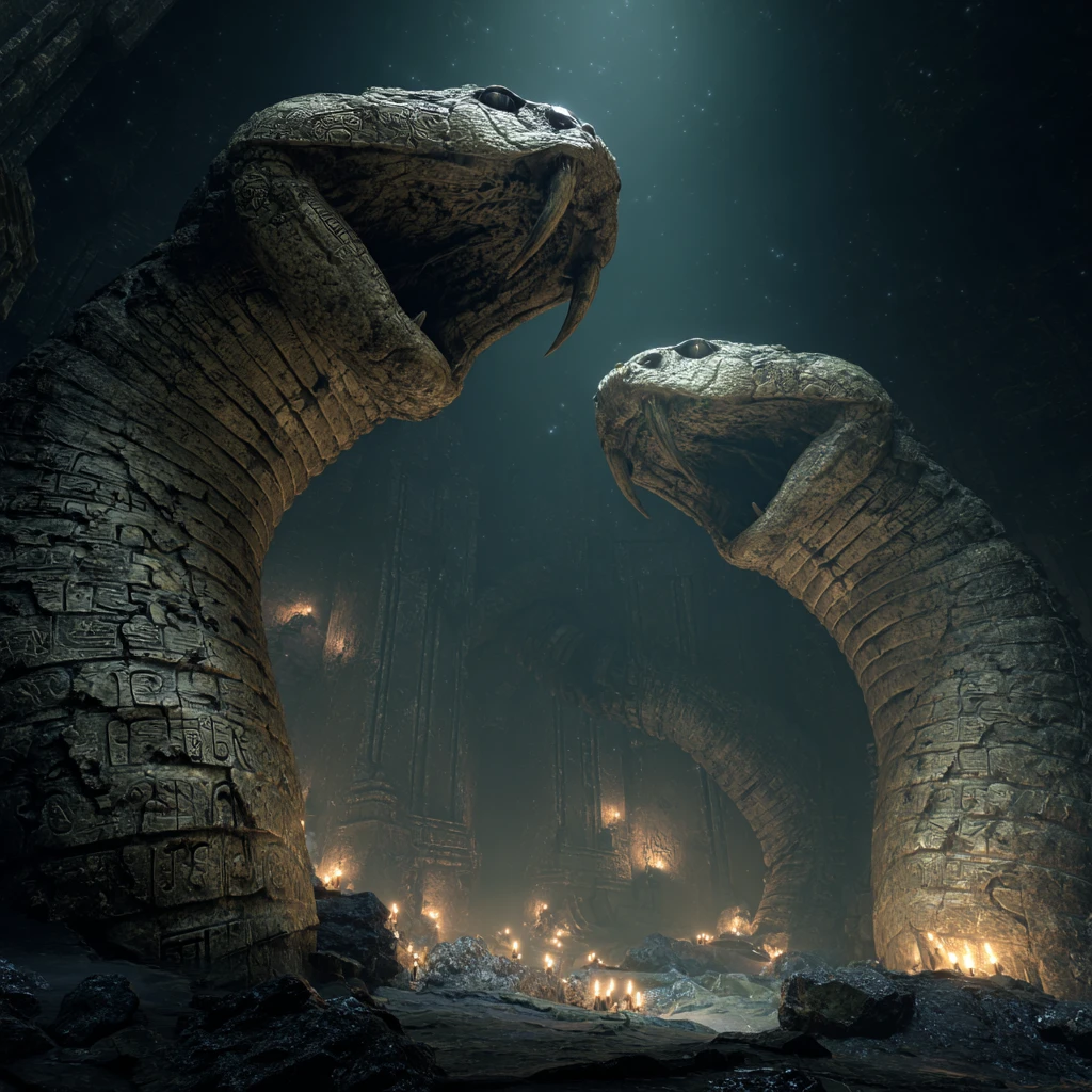 Esqueletos gigantes de cobras enrolados em uma caverna subterrânea escura