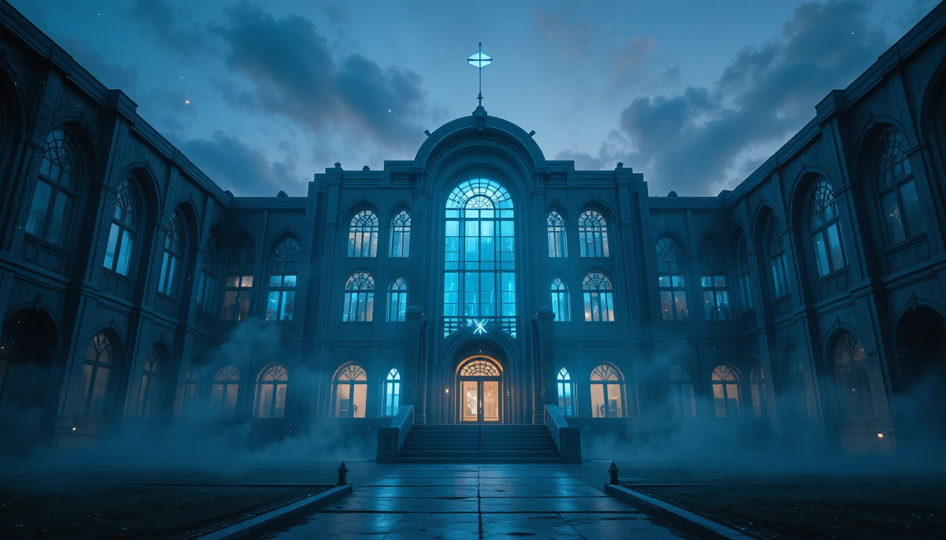 Edificio scolastico mistico che brilla in un mondo fantasy al crepuscolo