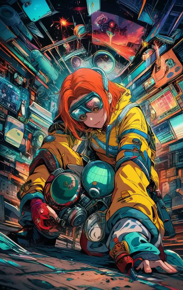 Chica steampunk con sudadera amarilla y fondo teal industrial