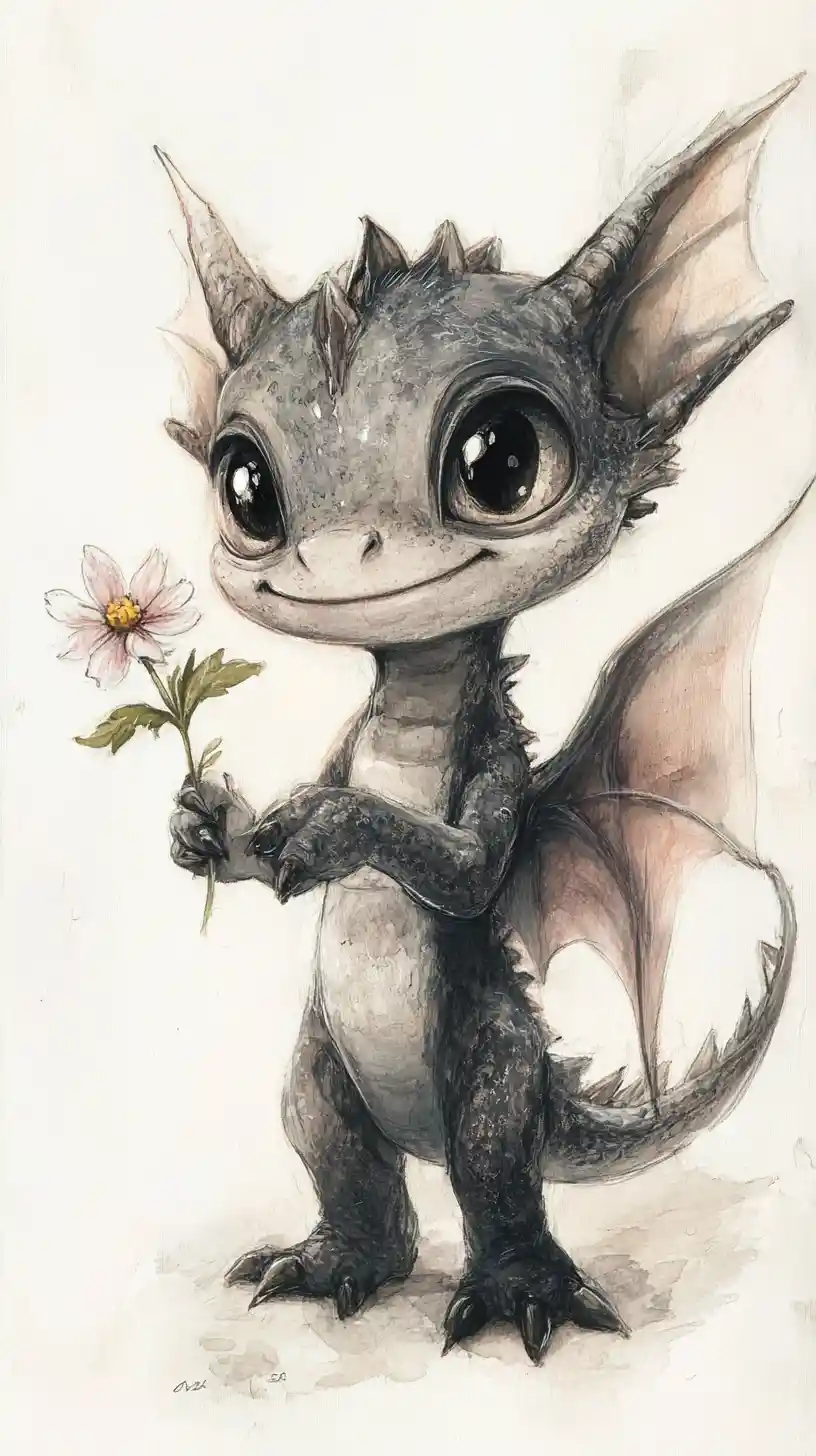 Whimsical Baby Dragon With Flower In Watercolor Style