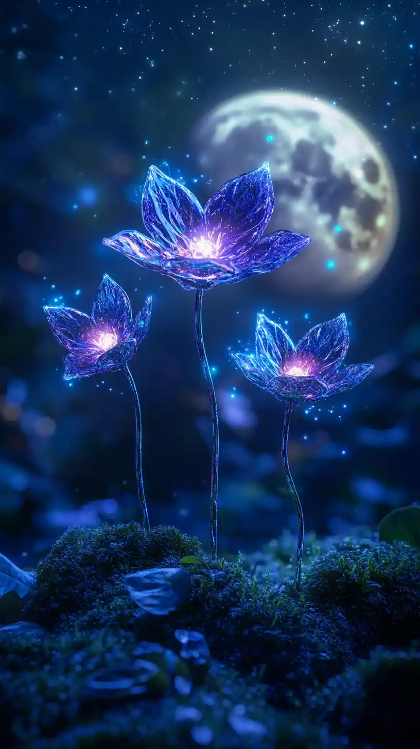 Glowing Crystal Flowers Beneath A Vast Moonlit Sky