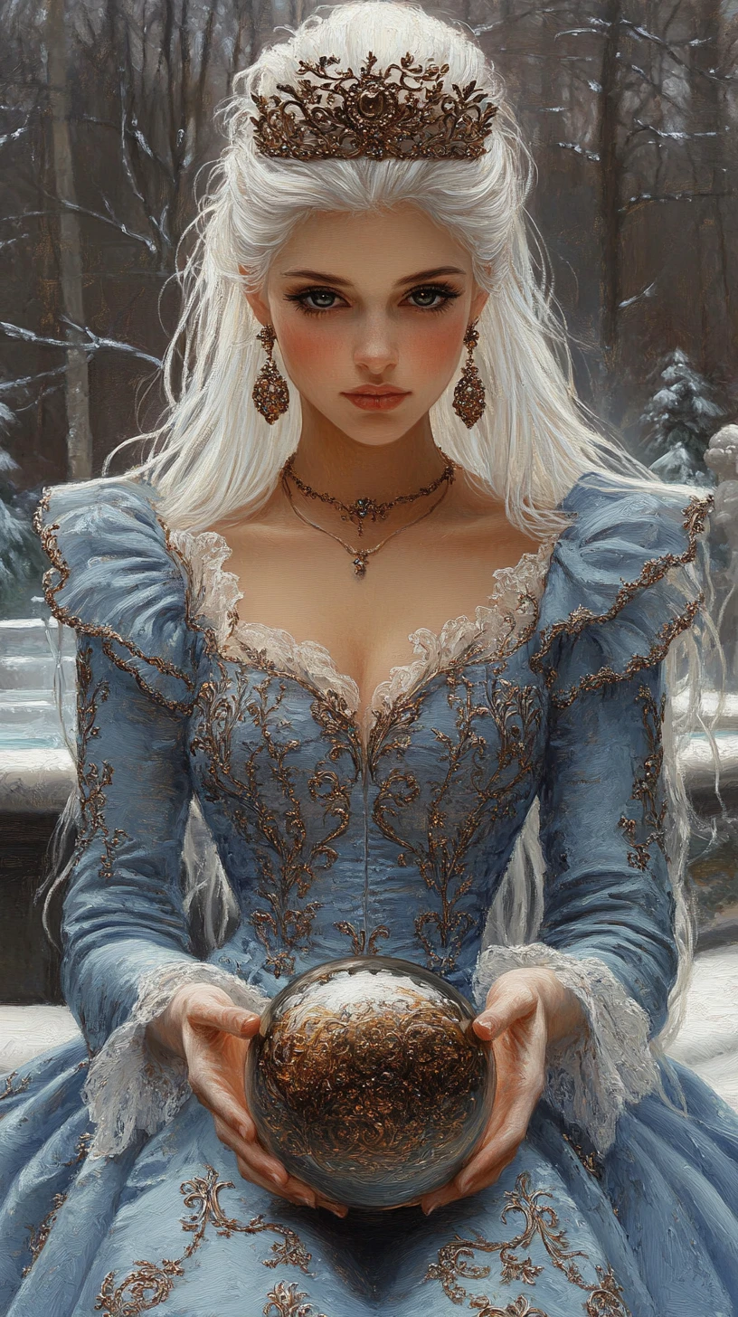 Femme royale en robe rococo bleue tenant une sphère lumineuse
