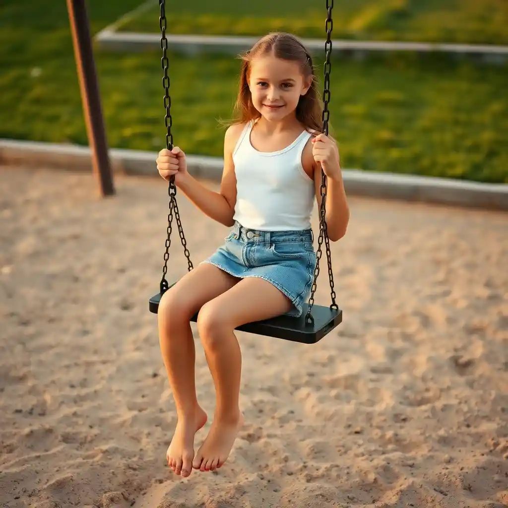 Young girl sitting barefoot on a playground swing at dusk