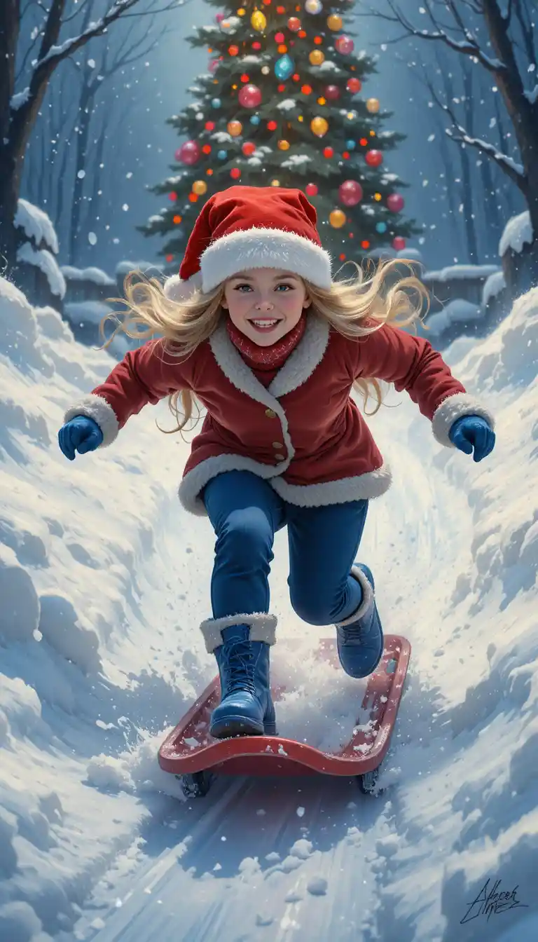 Smiling girl sledding down a snowy slide at Christmas