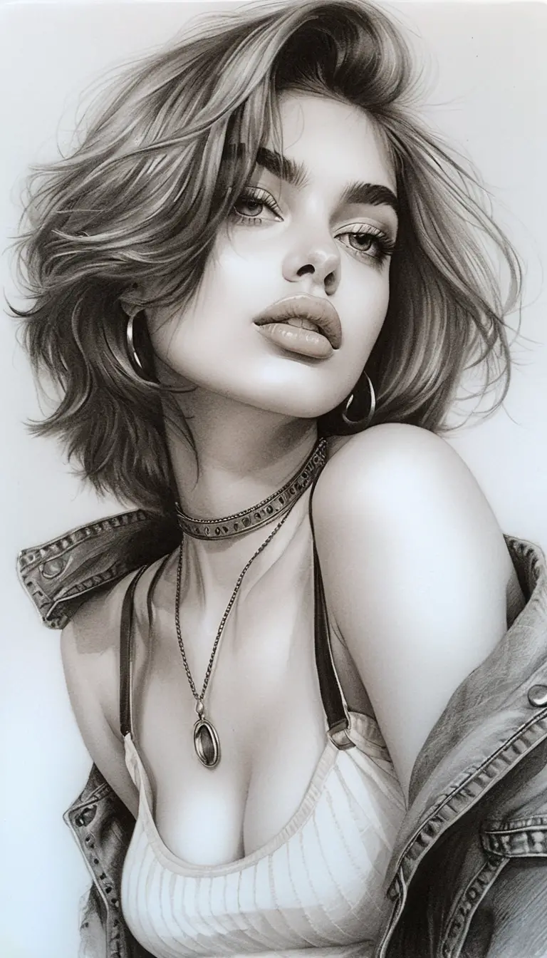 Sensual graphite portrait of young woman in denim jacket