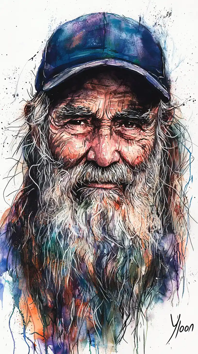 Portrait d’homme âgé barbu à l’encre et à l’aquarelle expressives