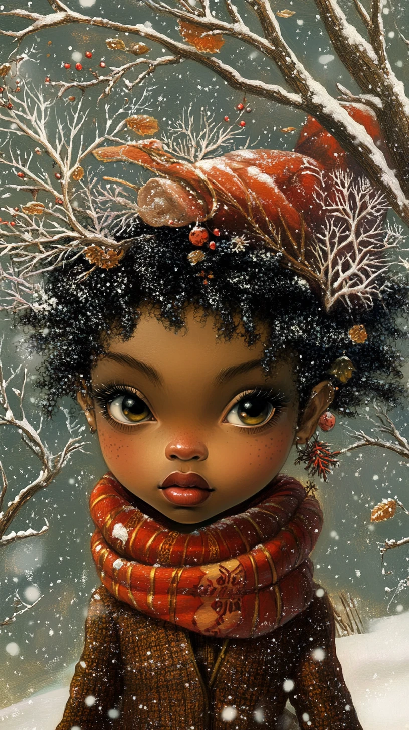 Whimsical winter pixie in a vibrant snowy wonderland