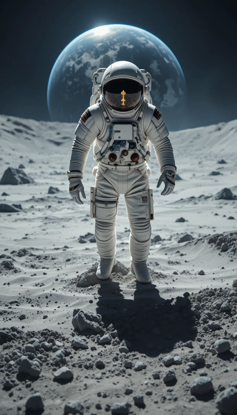 Astronaut schwebt über dem Mond mit der Erde in der Ferne