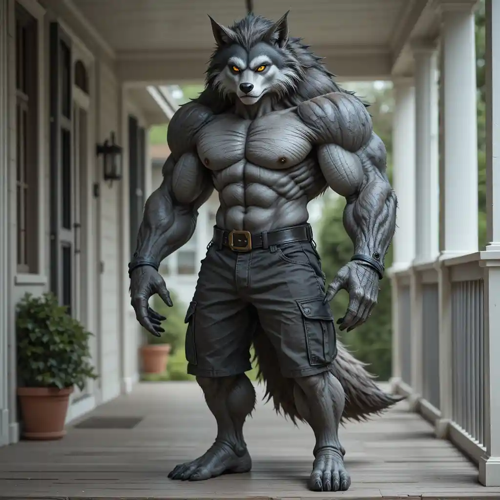 Muscular anthropomorphic wolf standing calmly on a house porch