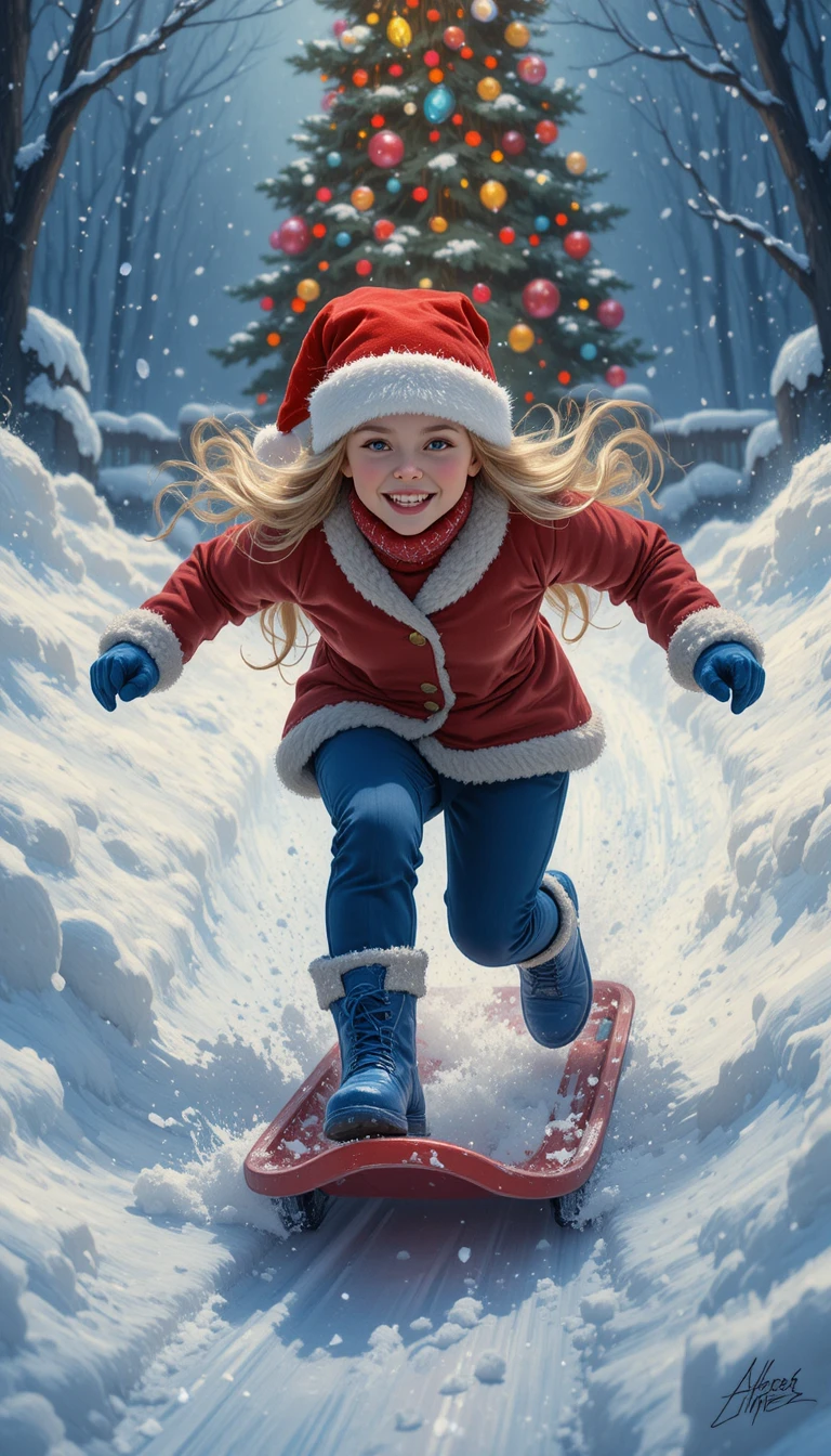 Smiling girl sledding down a snowy slide at Christmas