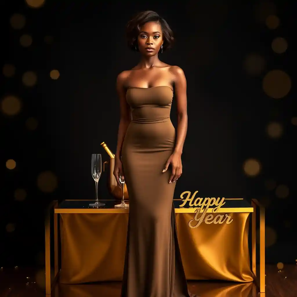 Elegant woman in gold gown with new year champagne