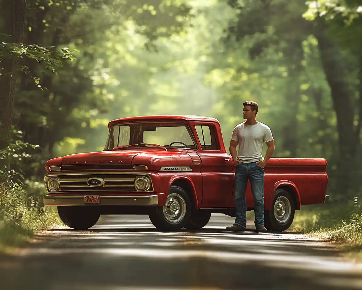 Hombre con camioneta Ford roja clásica en tranquila carretera rural