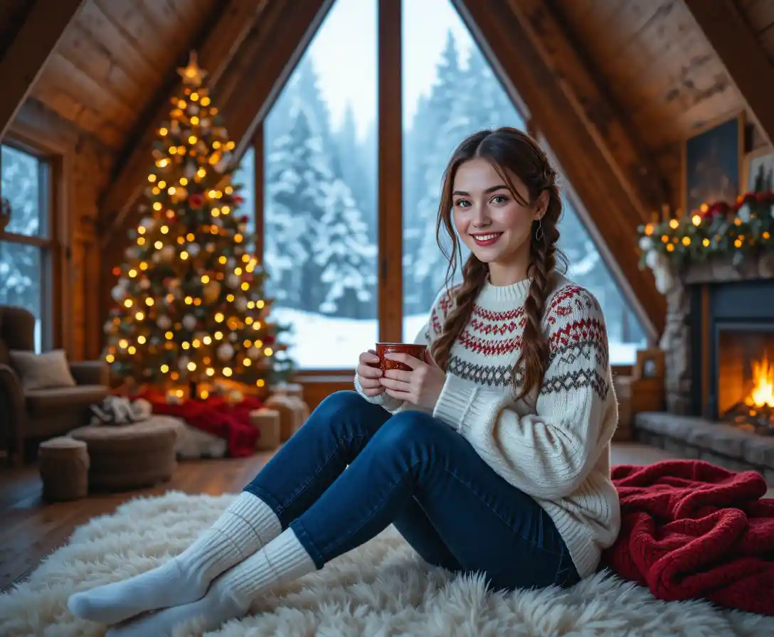 Woman with mug by fireplace in cozy A frame cabin