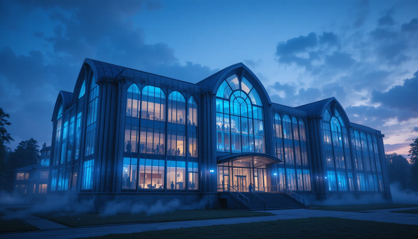 Edificio scolastico futuristico che brilla dolcemente sotto il cielo del crepuscolo