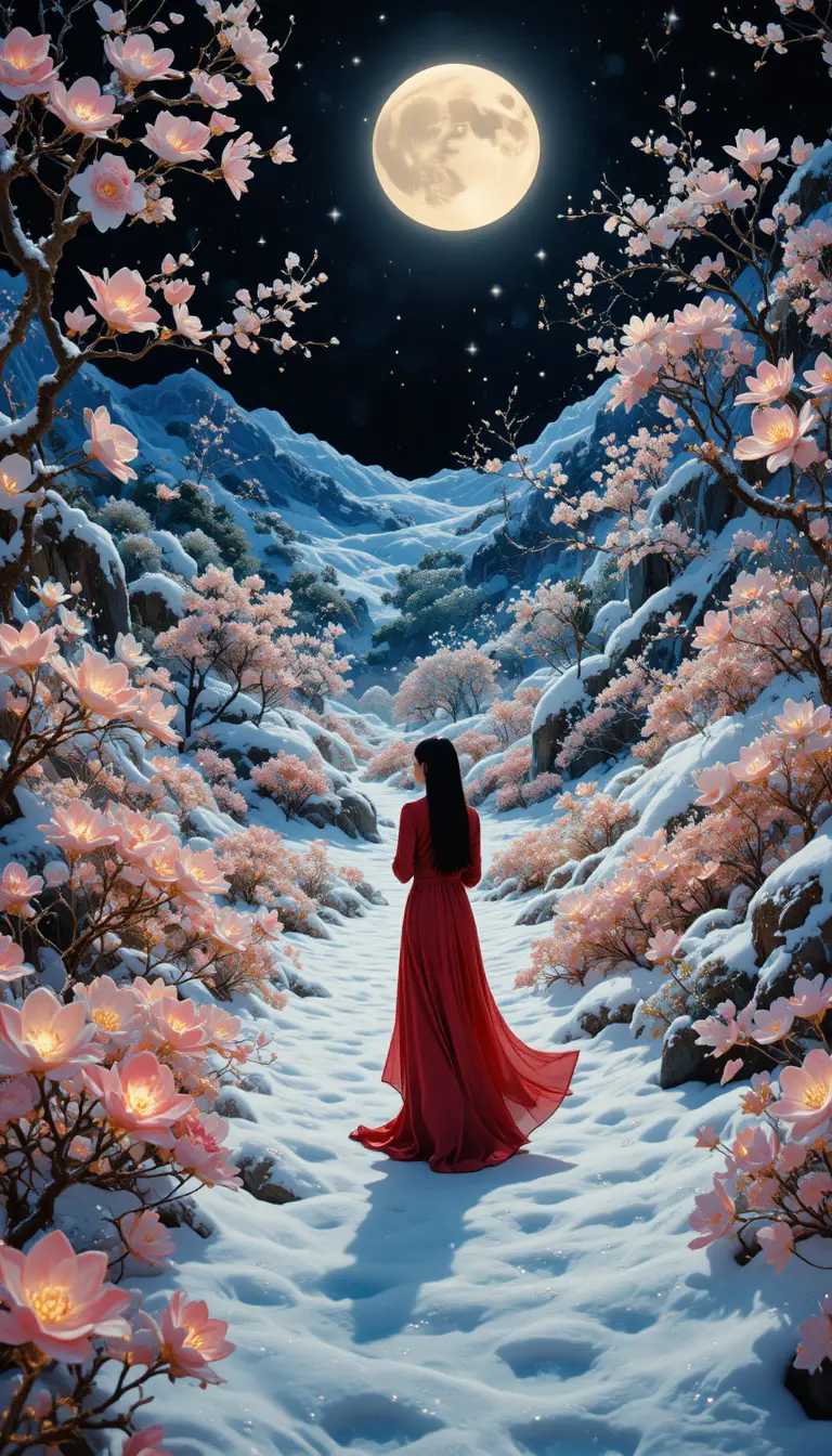 Mulher de vestido vermelho caminhando por um jardim chinês nevado