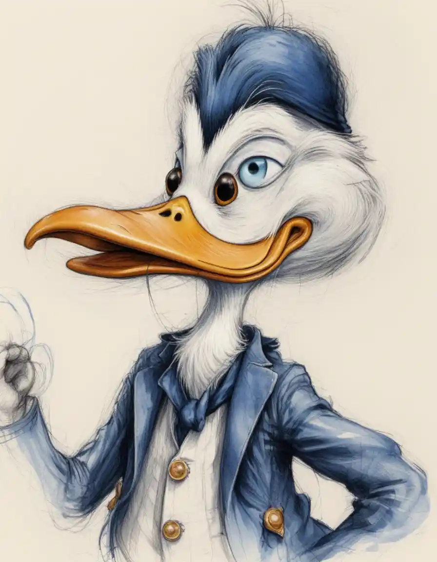 Portrait mélancolique de canard à l’encre et à l’aquarelle détaillées