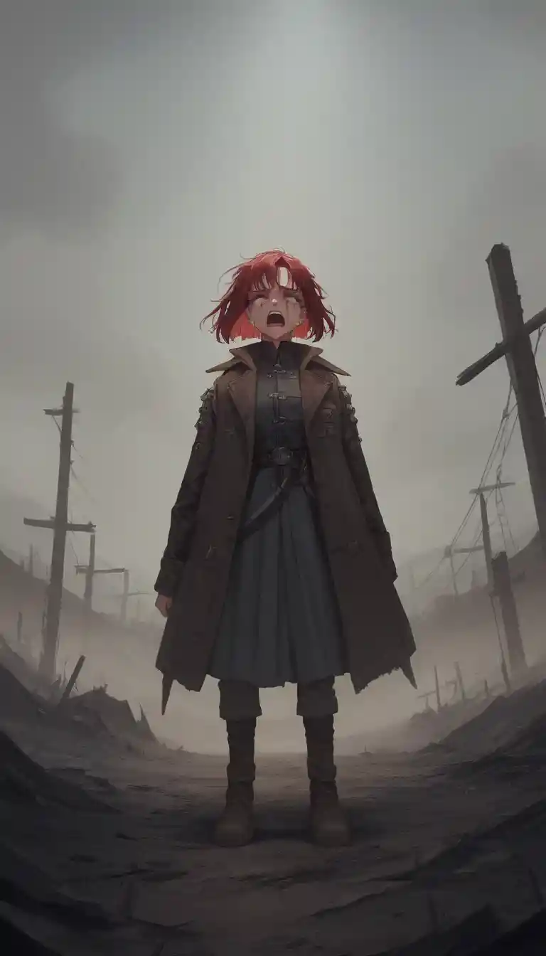Crying girl in a barren landscape at desolate sunset