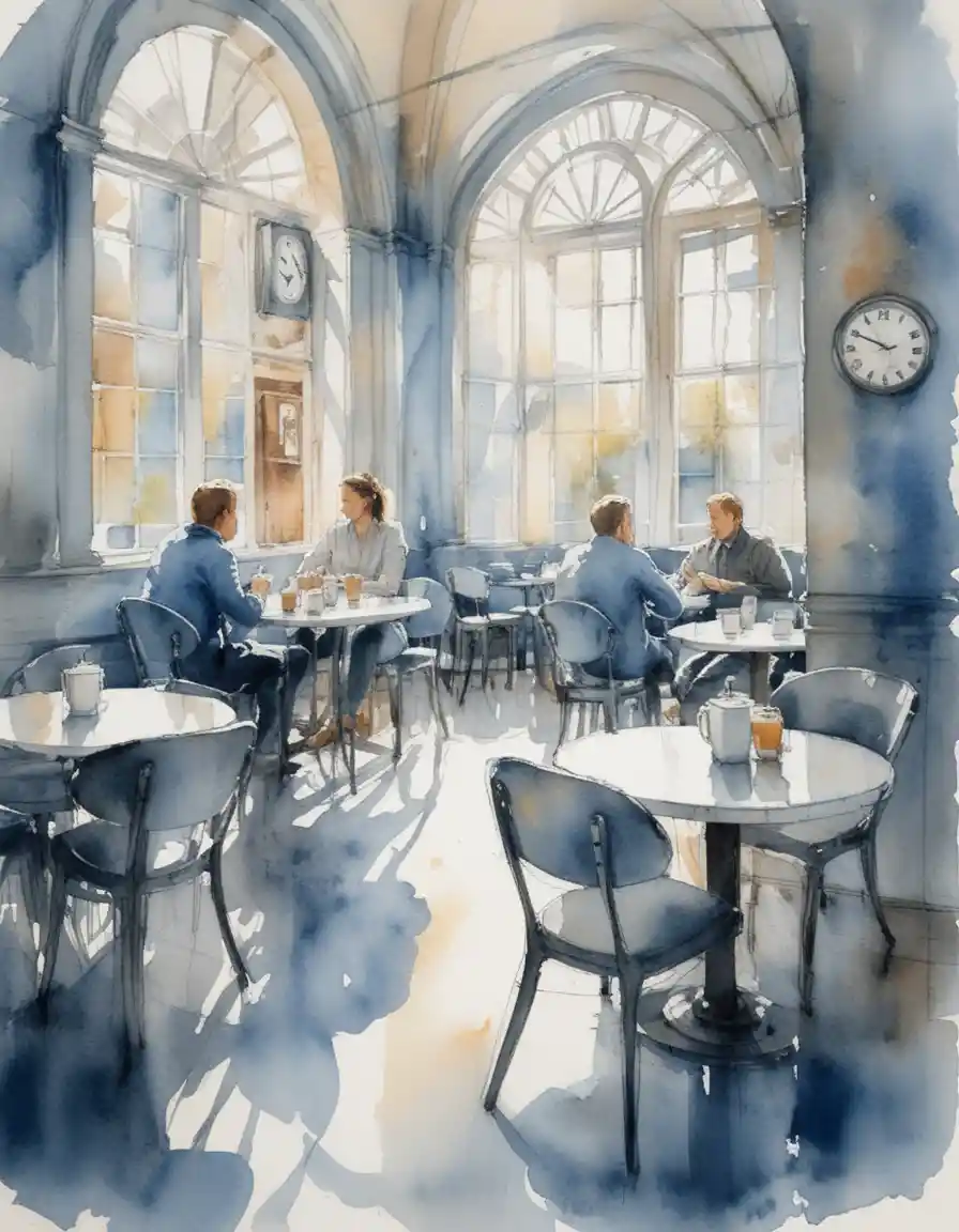 Aquarell-Café-Innenraum mit Menschen an runden Tischen