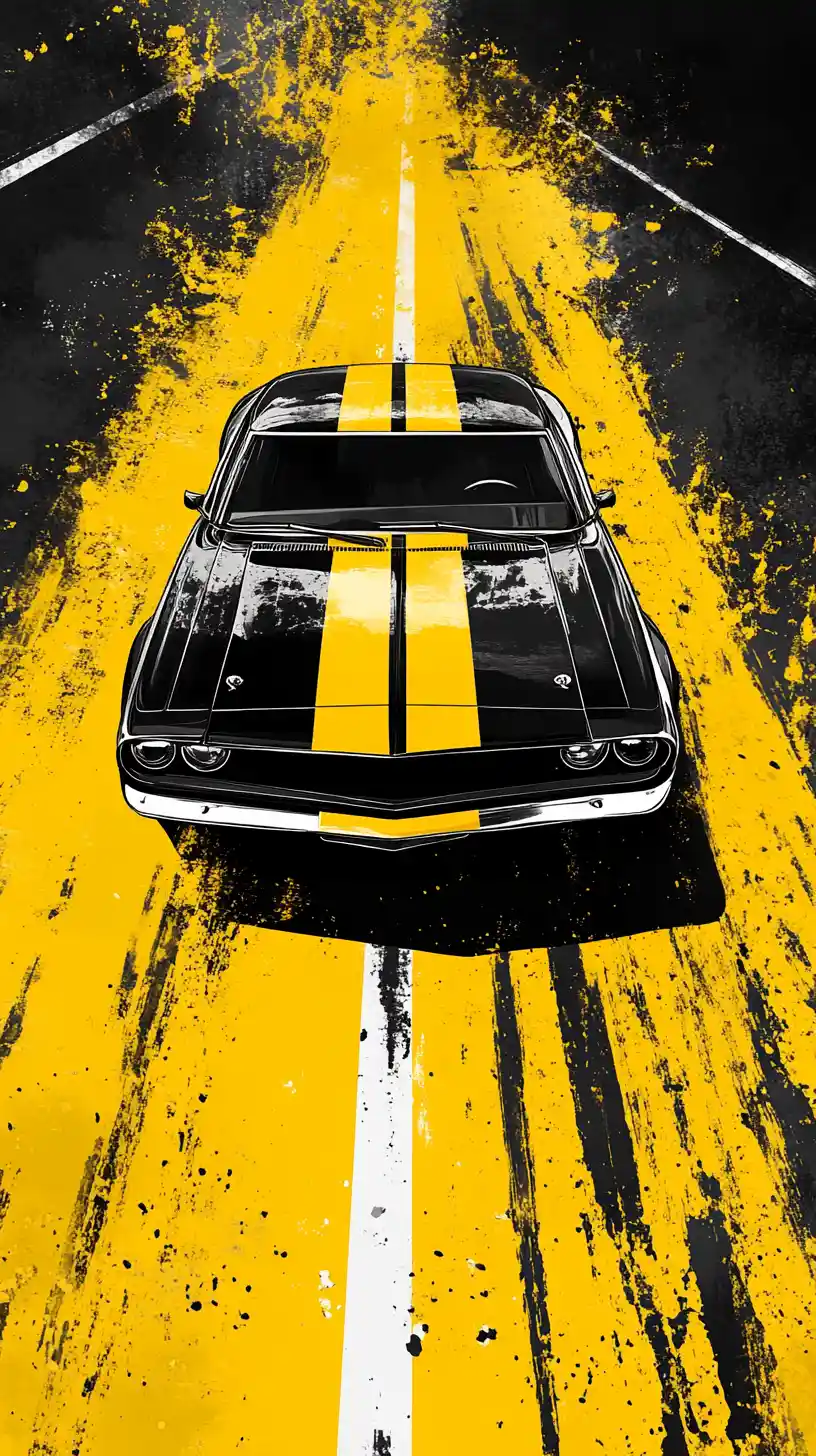 Black muscle car racing along a vivid yellow abstract road