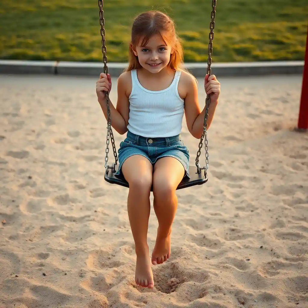 Barefoot young girl relaxing on a swing at playground