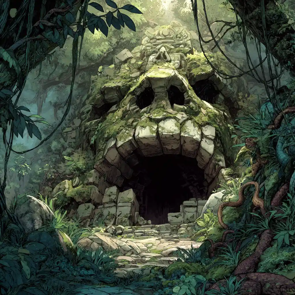 Tenebrosa Entrada de Cueva en la Jungla Custodiada por Serpientes Enroscadas