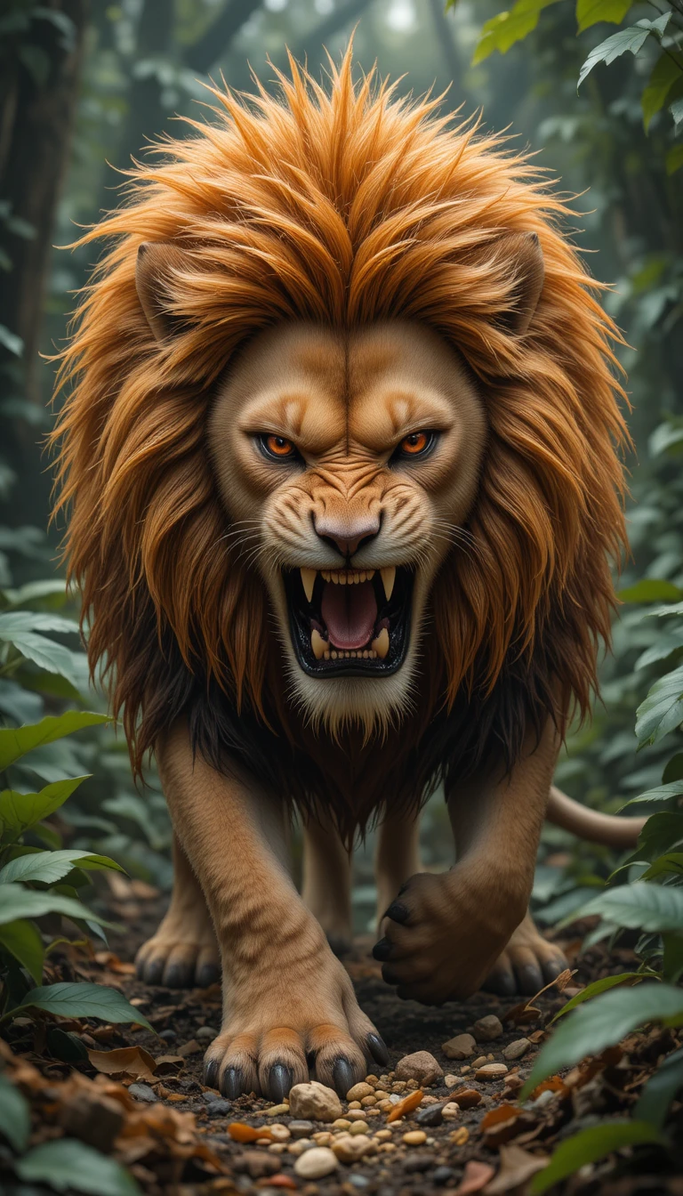 Leão furioso com juba flamejante rondando a selva densa