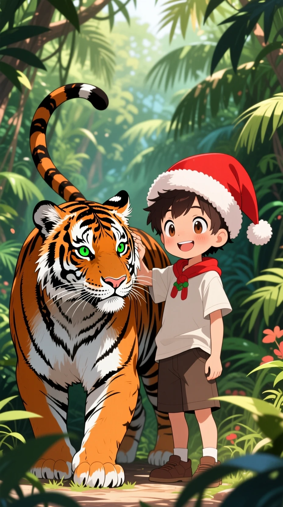 Chico de anime con tigre compañero en una jungla exuberante