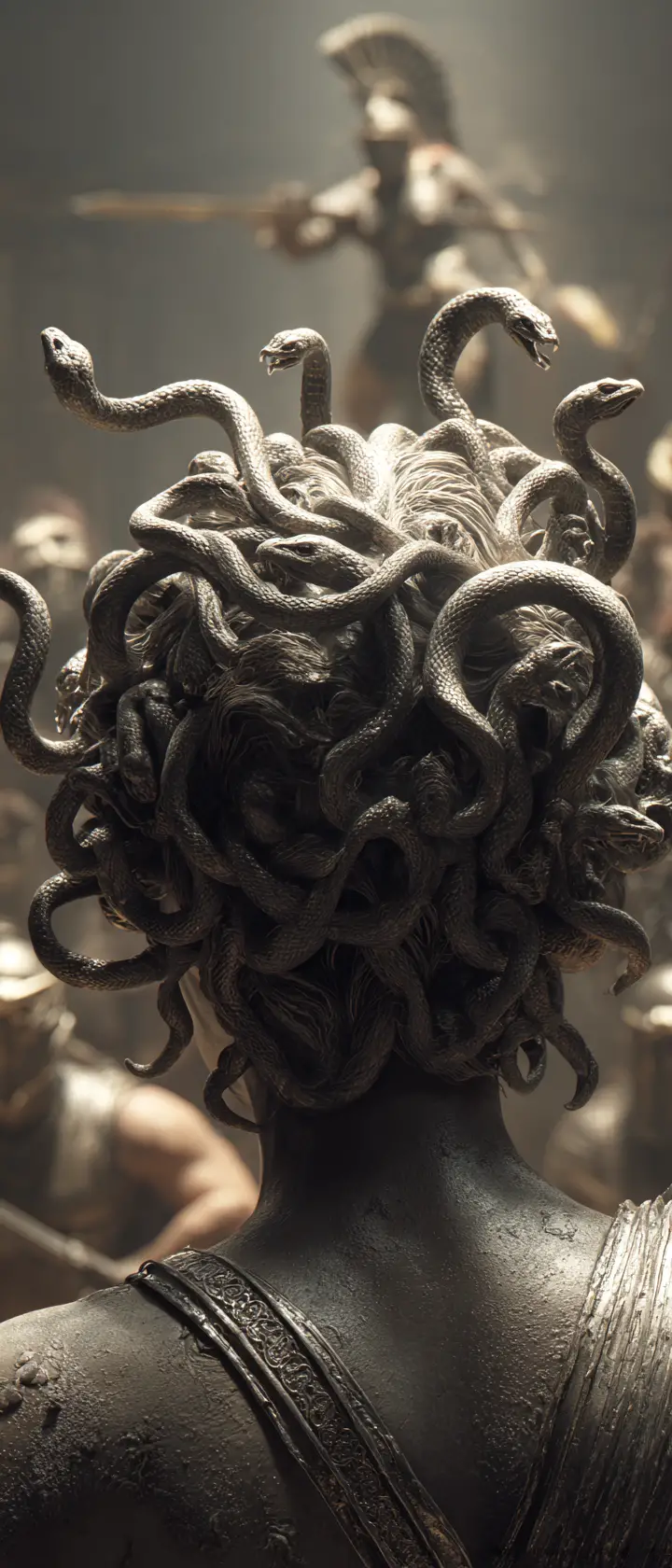 Primo piano di Medusa con serpenti guizzanti e guerriero pietrificato