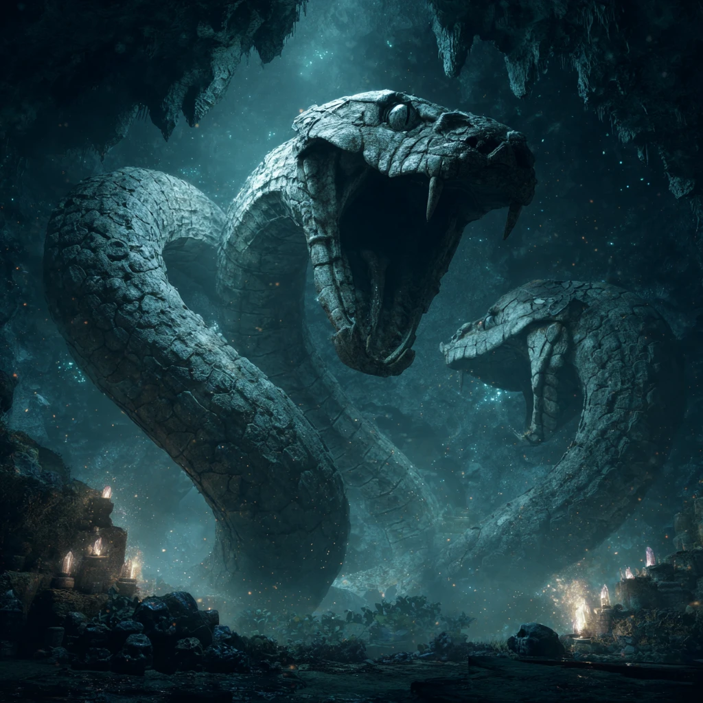 Esqueletos Serpentinos Colossais Enrolados em uma Caverna Rúnica