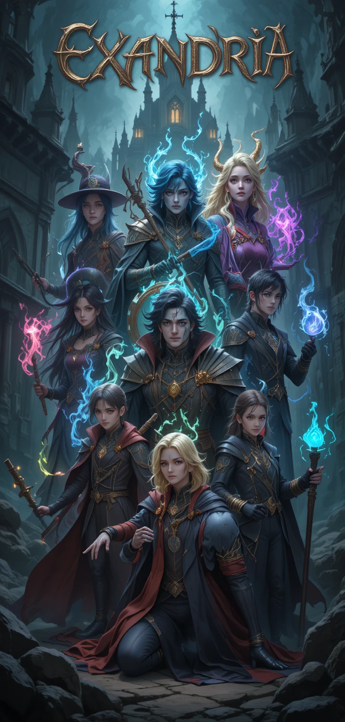 Héros de fantasy aux pouvoirs sombres devant un château menaçant