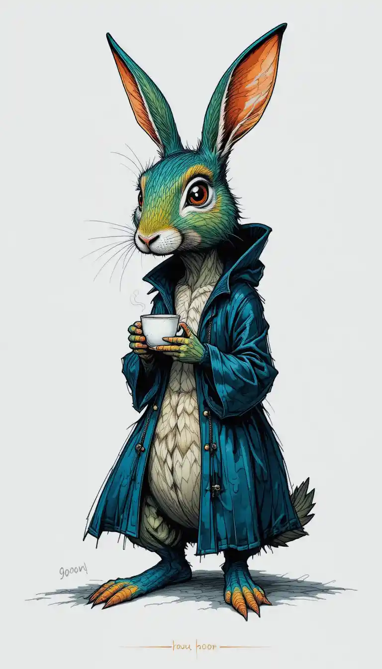 Melancholic blue rabbit in coat holding a steaming cup
