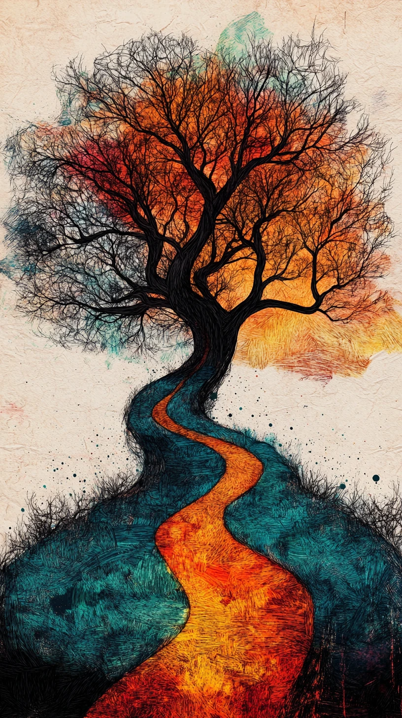 Árvore abstrata em arte linear com caminho sinuoso e figura solitária