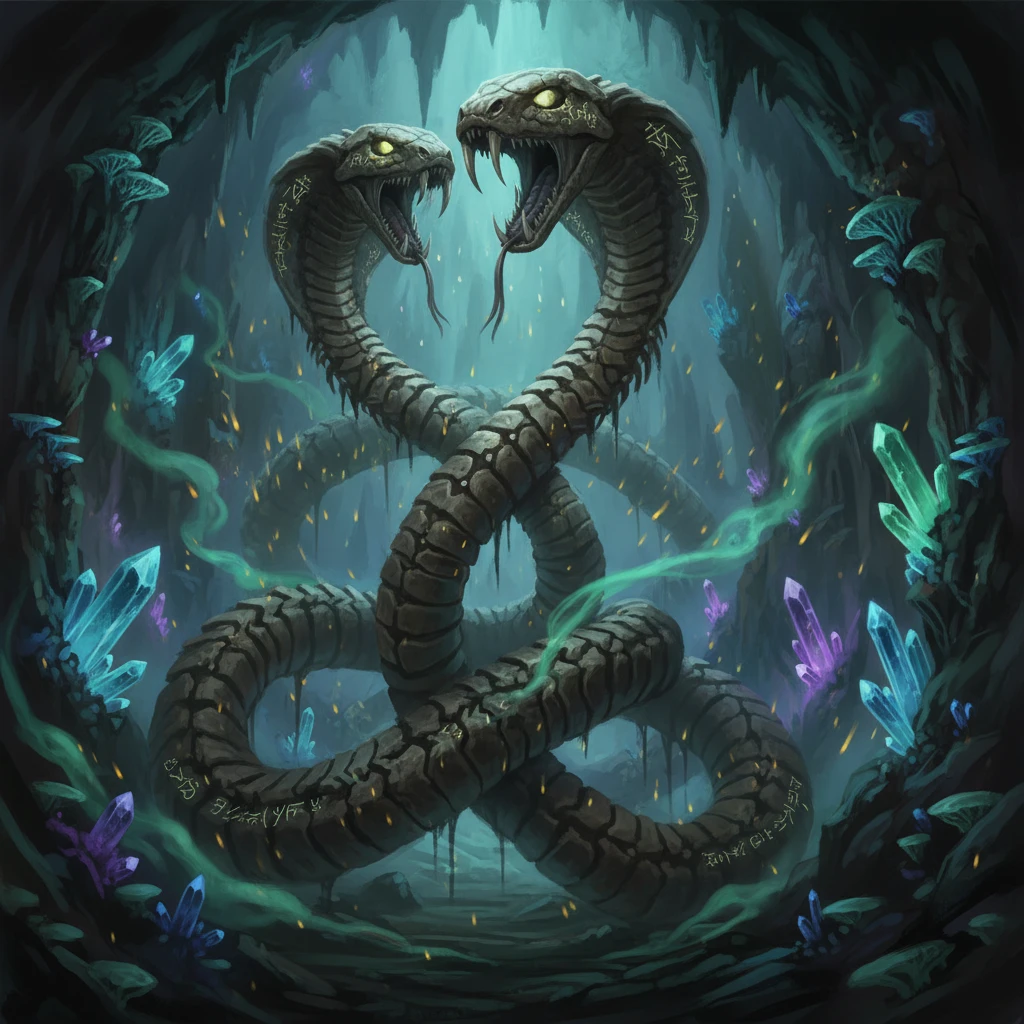 Esqueletos gigantes de cobra entrelaçados em uma caverna luminosa